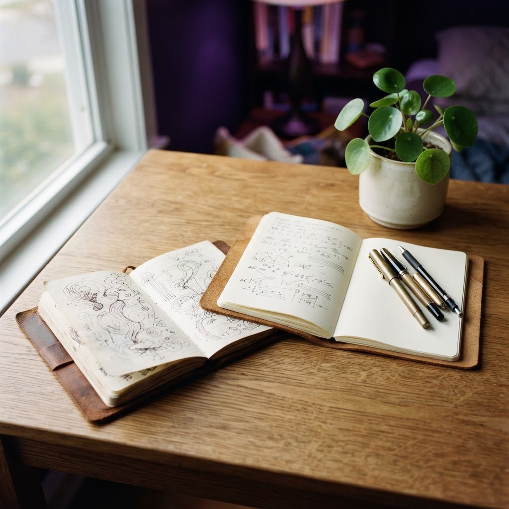 Clean organized desk with notebooks and a plant