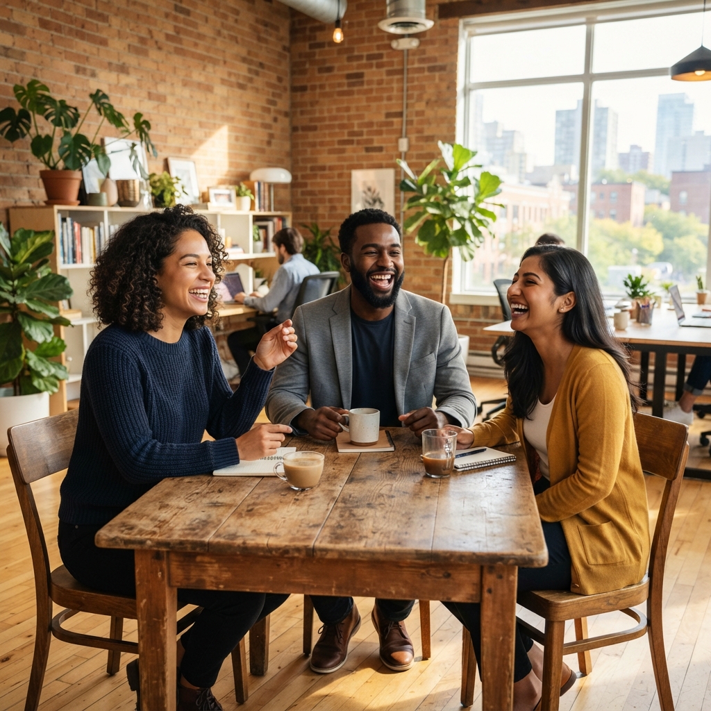 Diverse team laughing together in a modern office