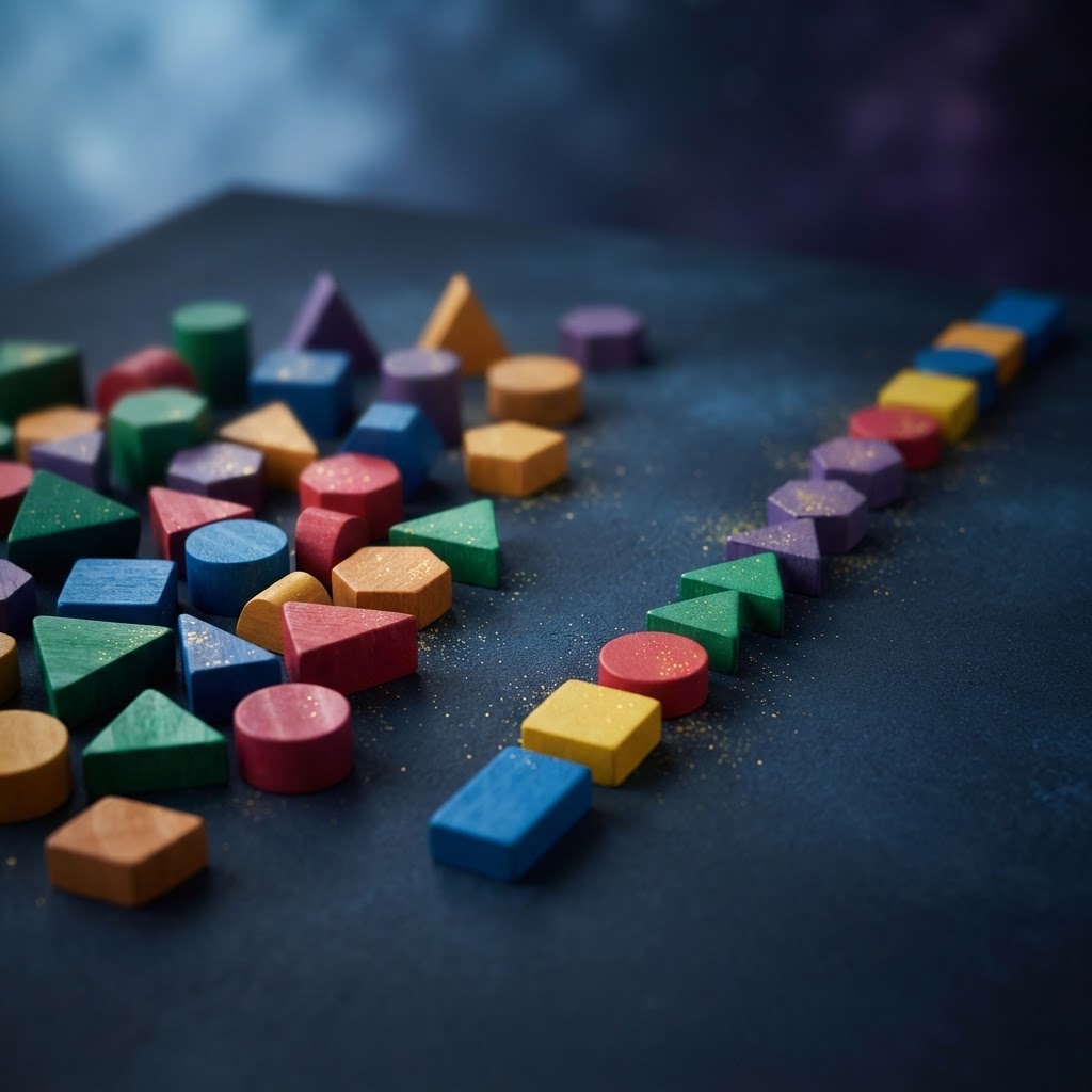 Geometric wooden shapes being neatly organized