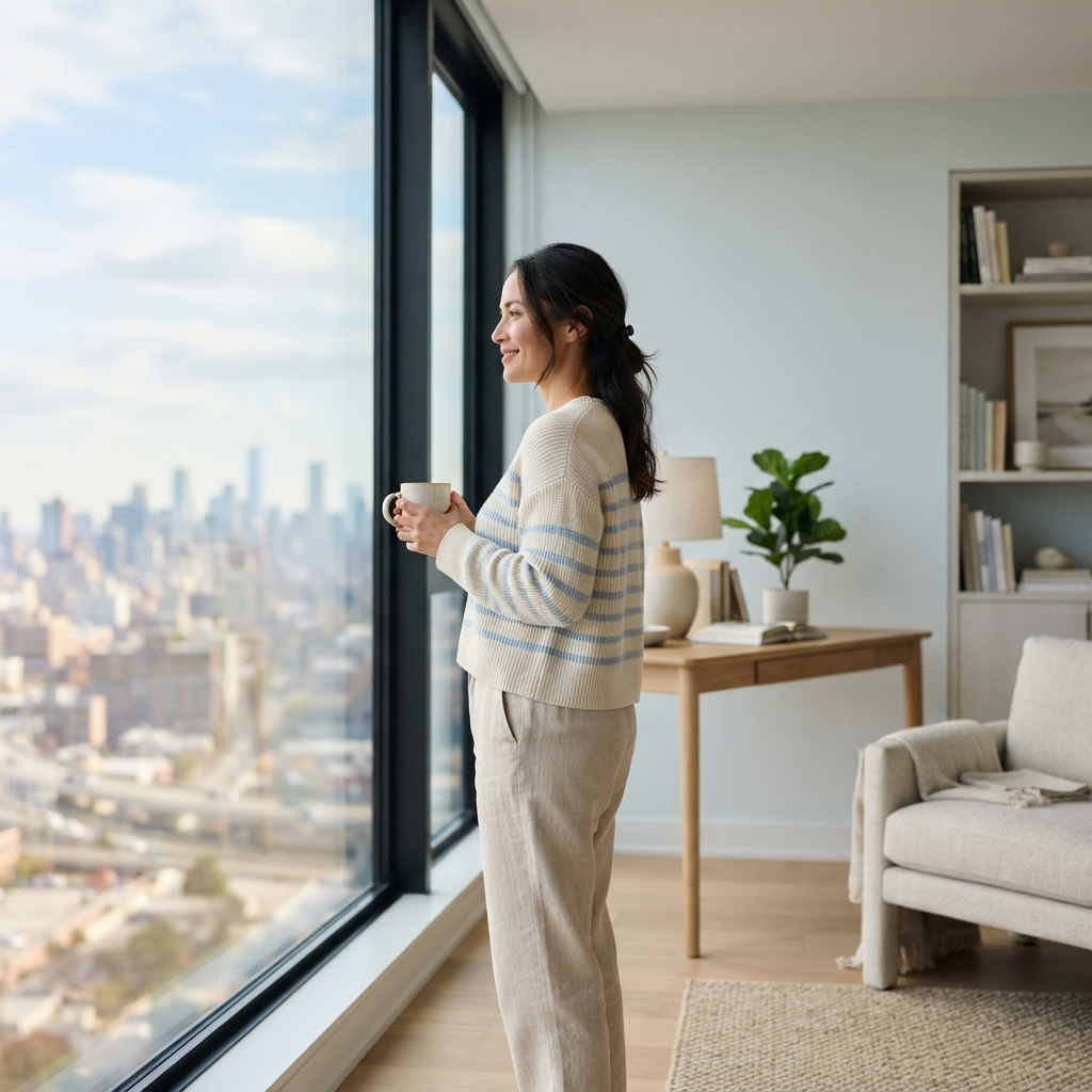 Person looking out of a window in a bright workspace