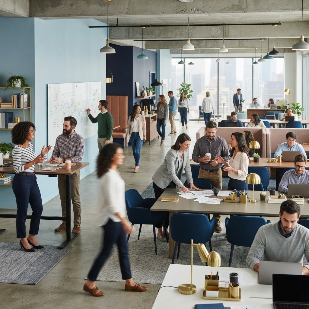A team working together in a modern open office
