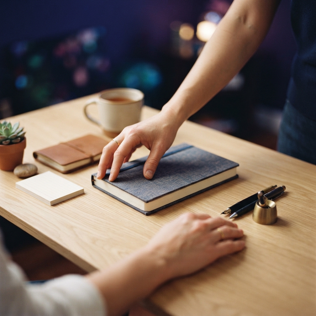 Hands organizing personal items on a clean desk