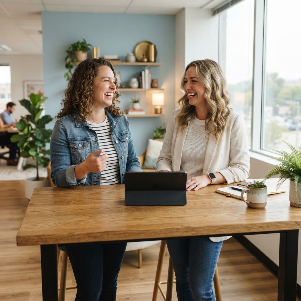 Two colleagues collaborating in a bright modern office space