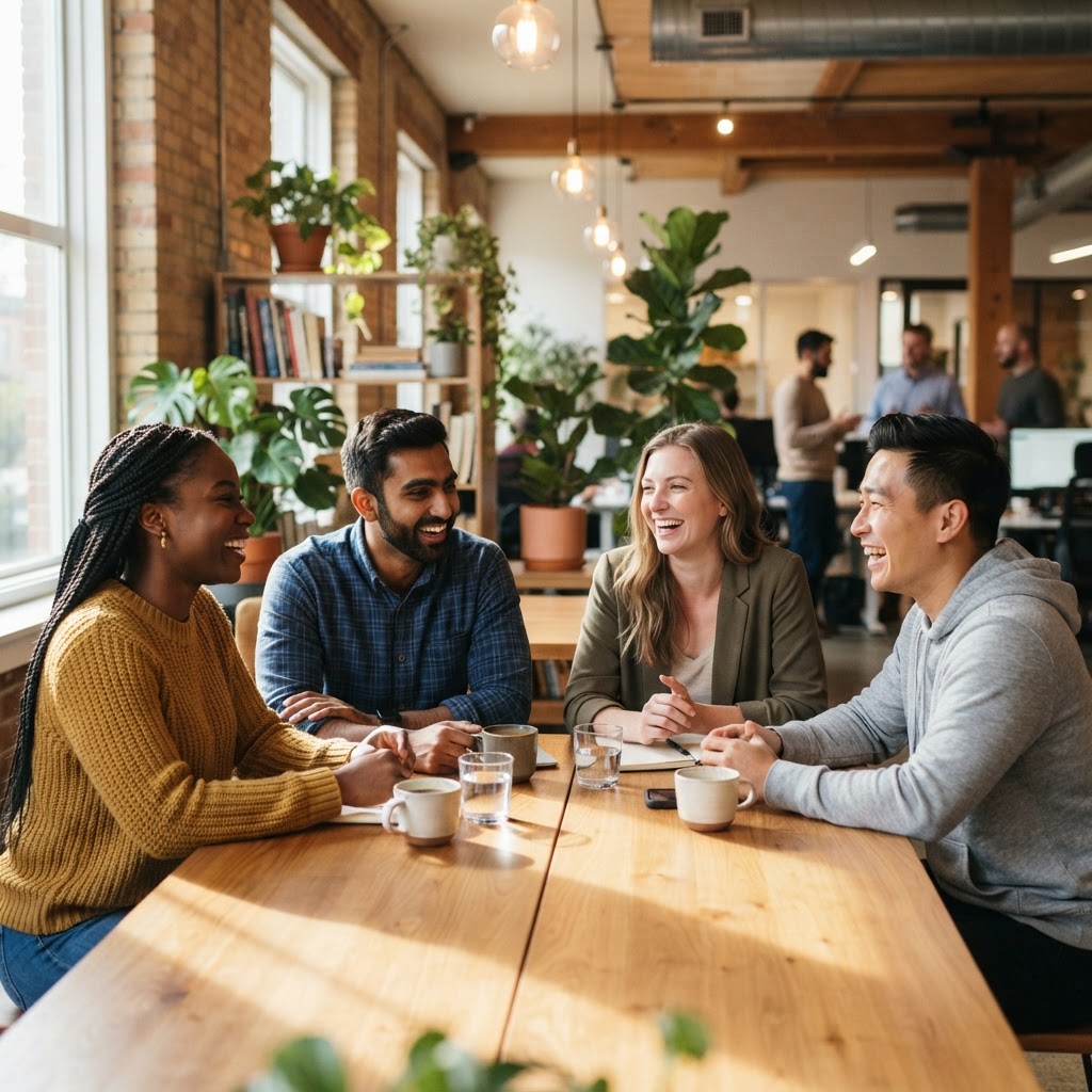 A diverse team laughing and collaborating in a bright office