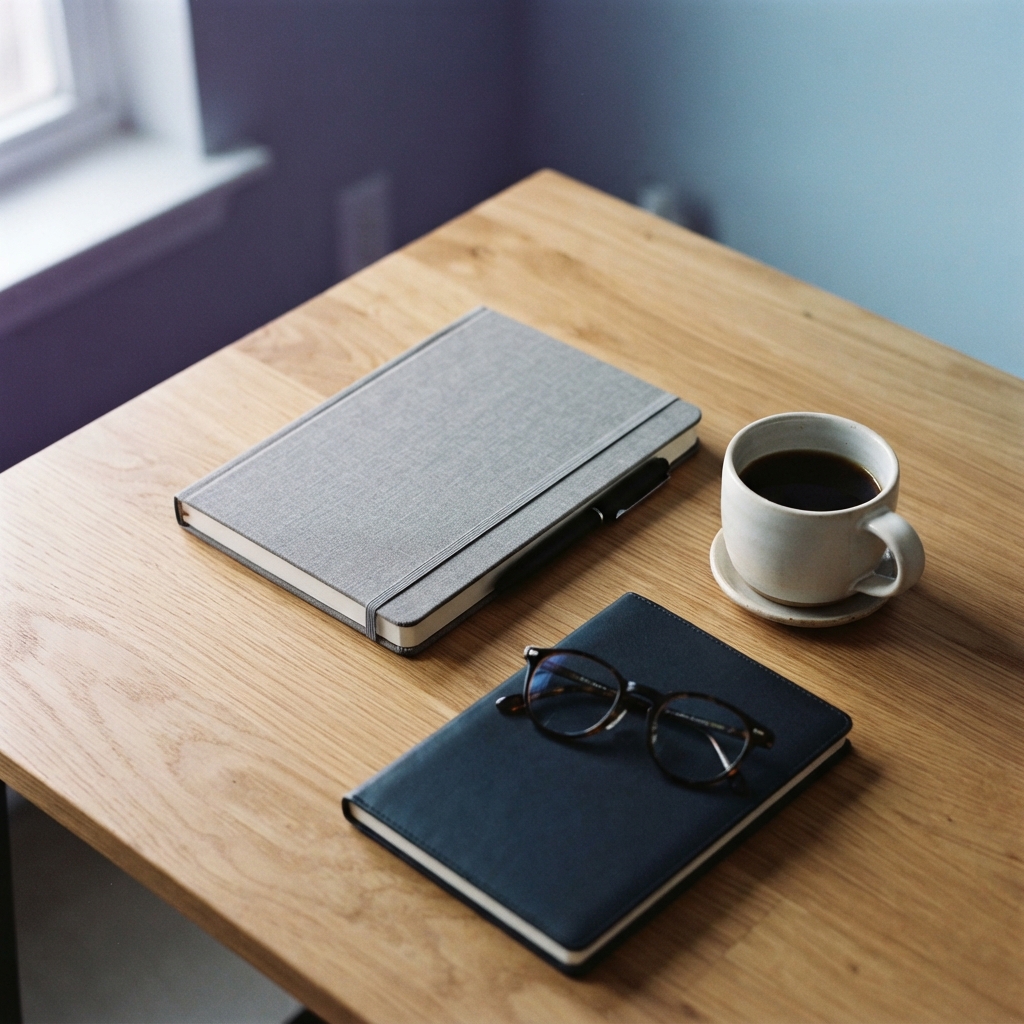 Clutter free clean workspace with organized notebook and planner