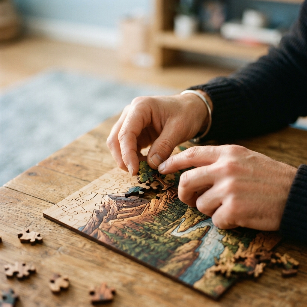 Hands assembling wooden puzzle pieces on a table