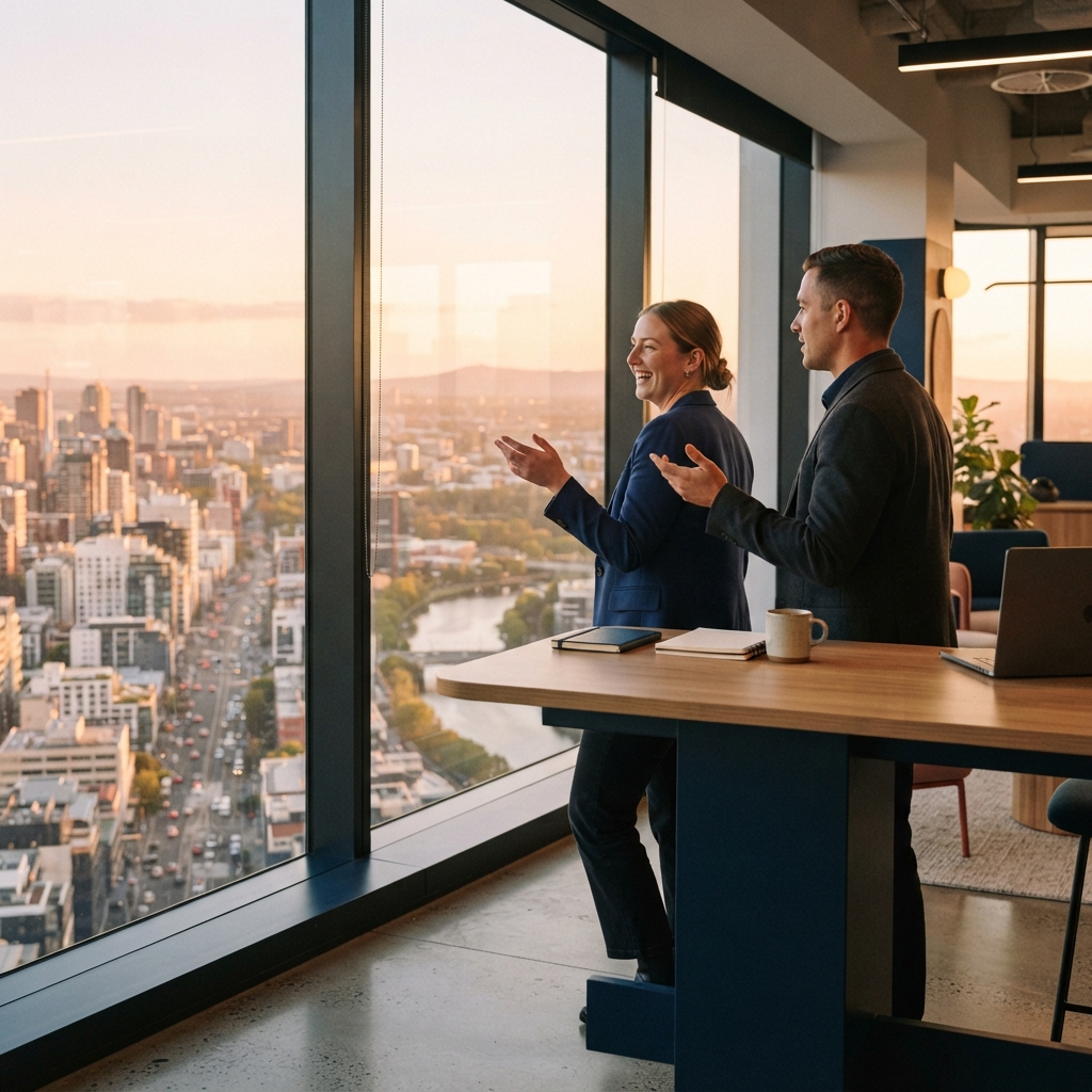 Two colleagues talking casually by a window in a modern office