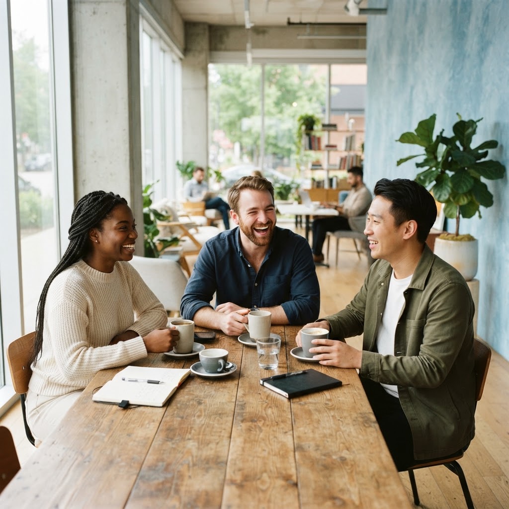 Diverse team laughing and talking in a bright office