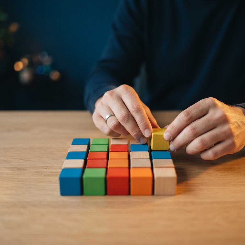 Hands organizing wooden blocks on a clean desk