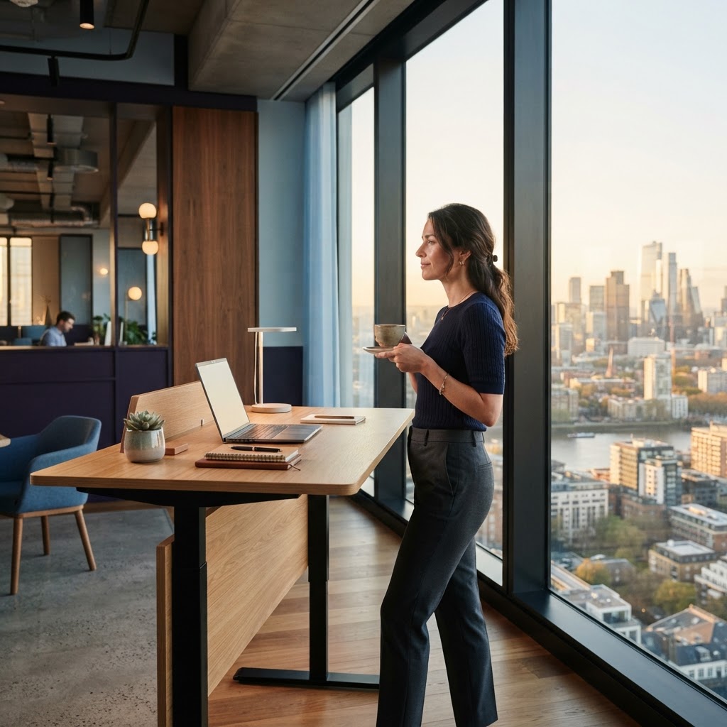 Person standing at a clean desk by a window