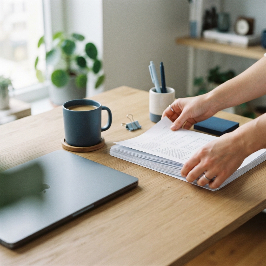 A clean and organized desk workspace with a closed laptop
