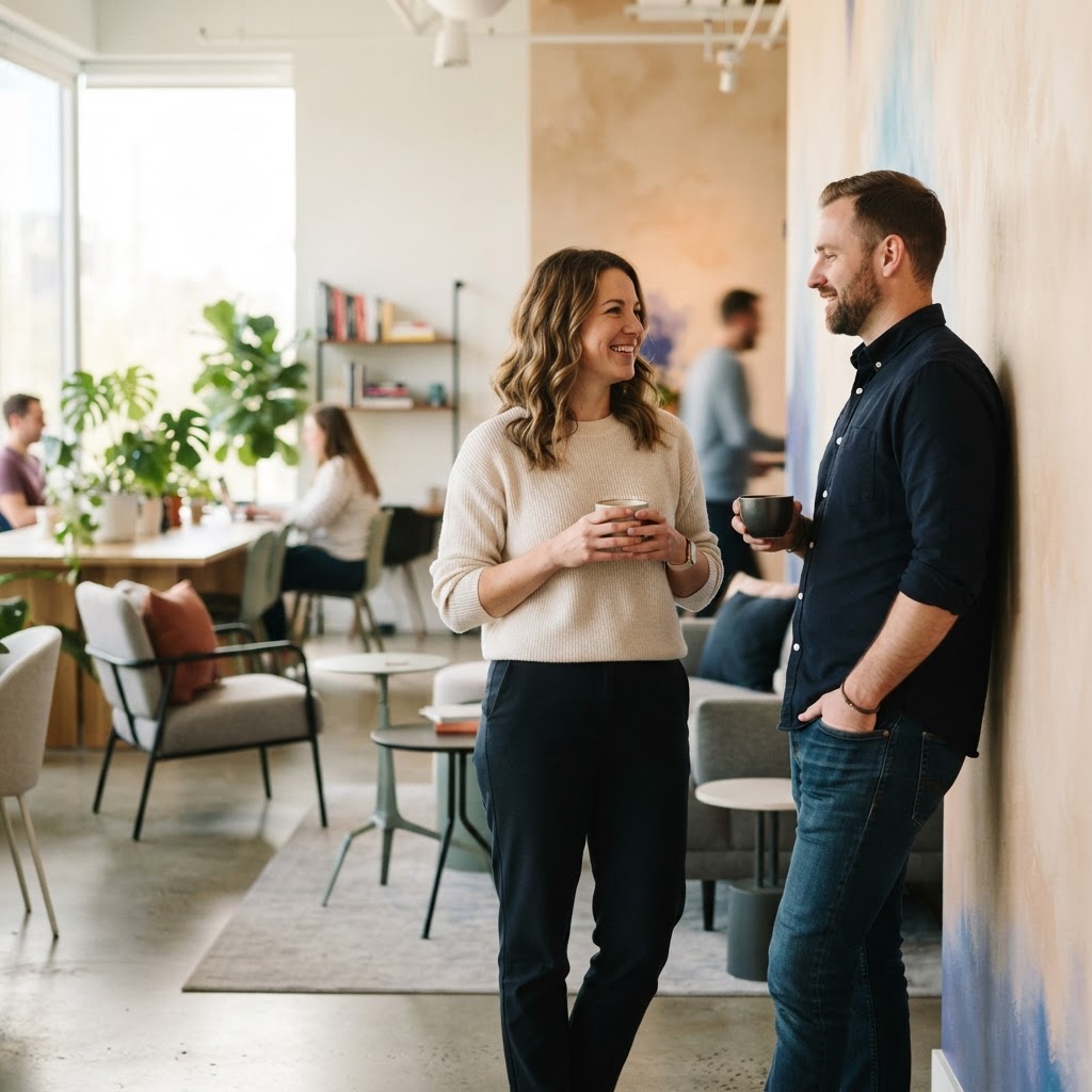 Two colleagues having a relaxed conversation in an office