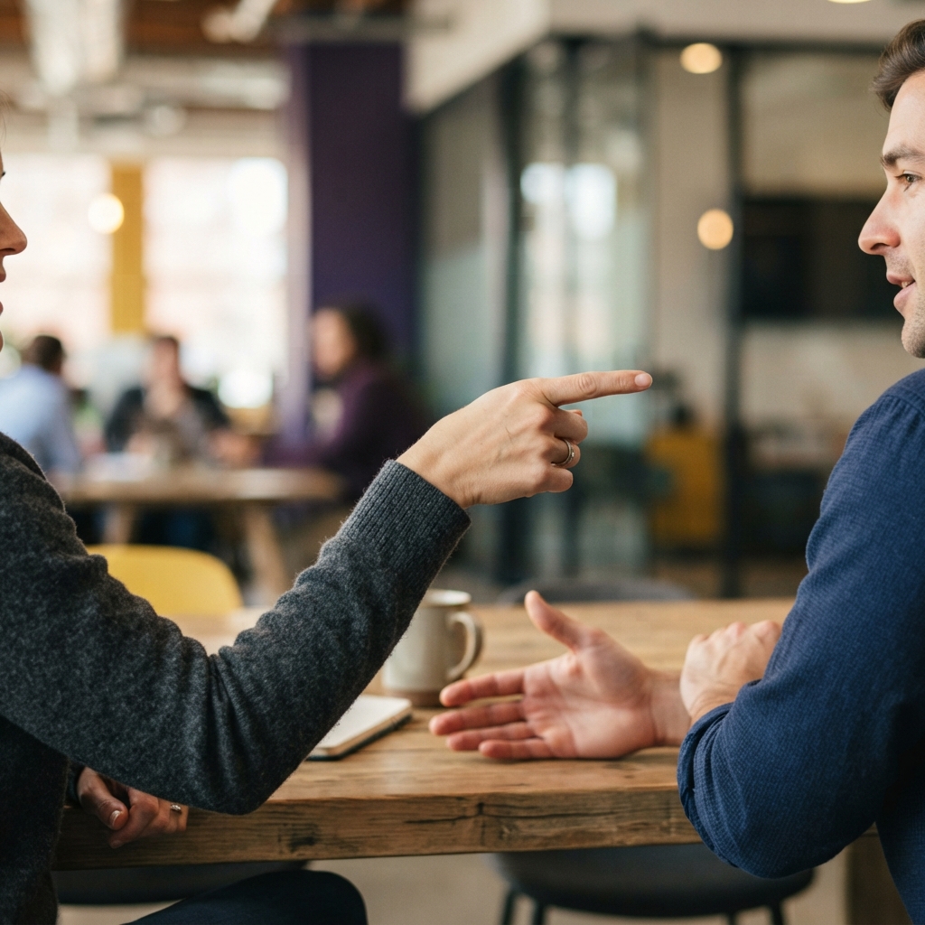 Colleagues having an engaging conversation in an office