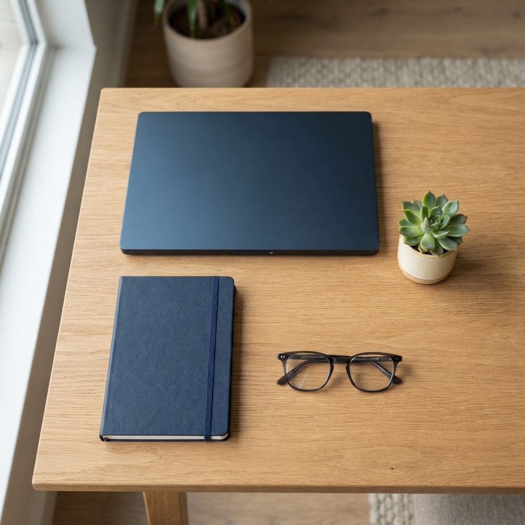 Organized clean desk with a laptop and notebook