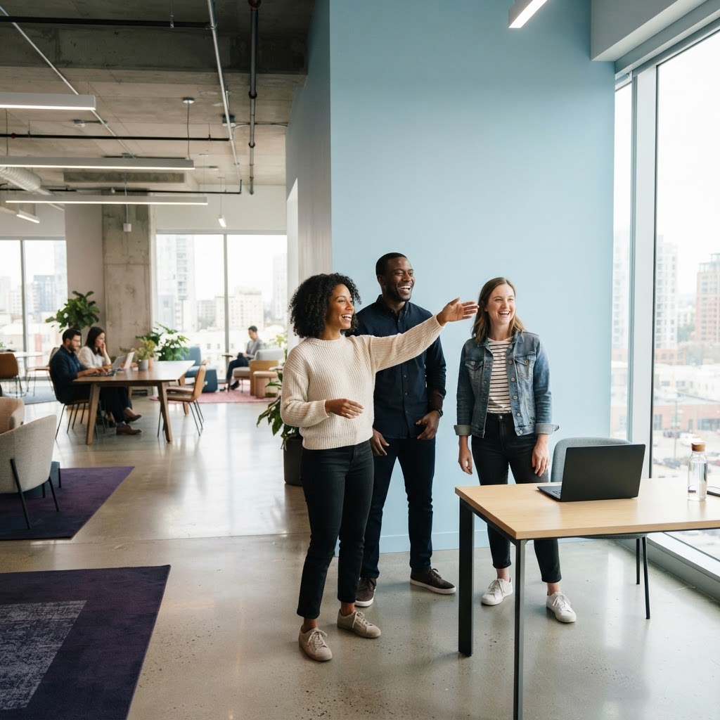 A happy team collaborating in a bright modern office
