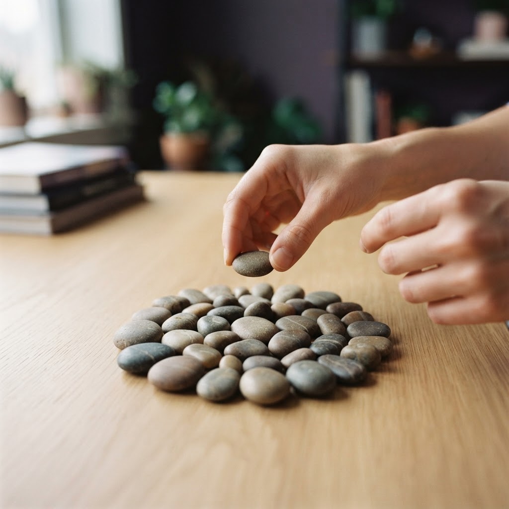 Hands organizing stones on a clean desk surface