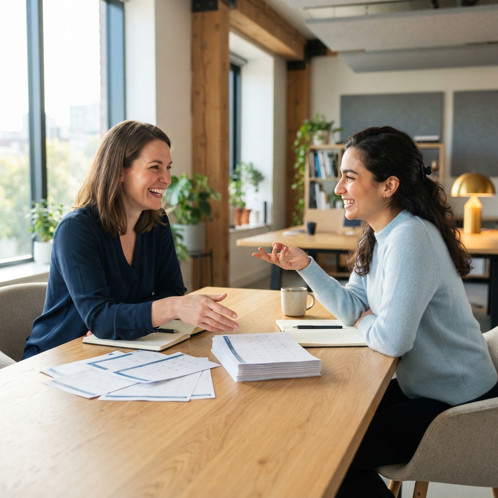 Two colleagues organizing calendar pages at a desk