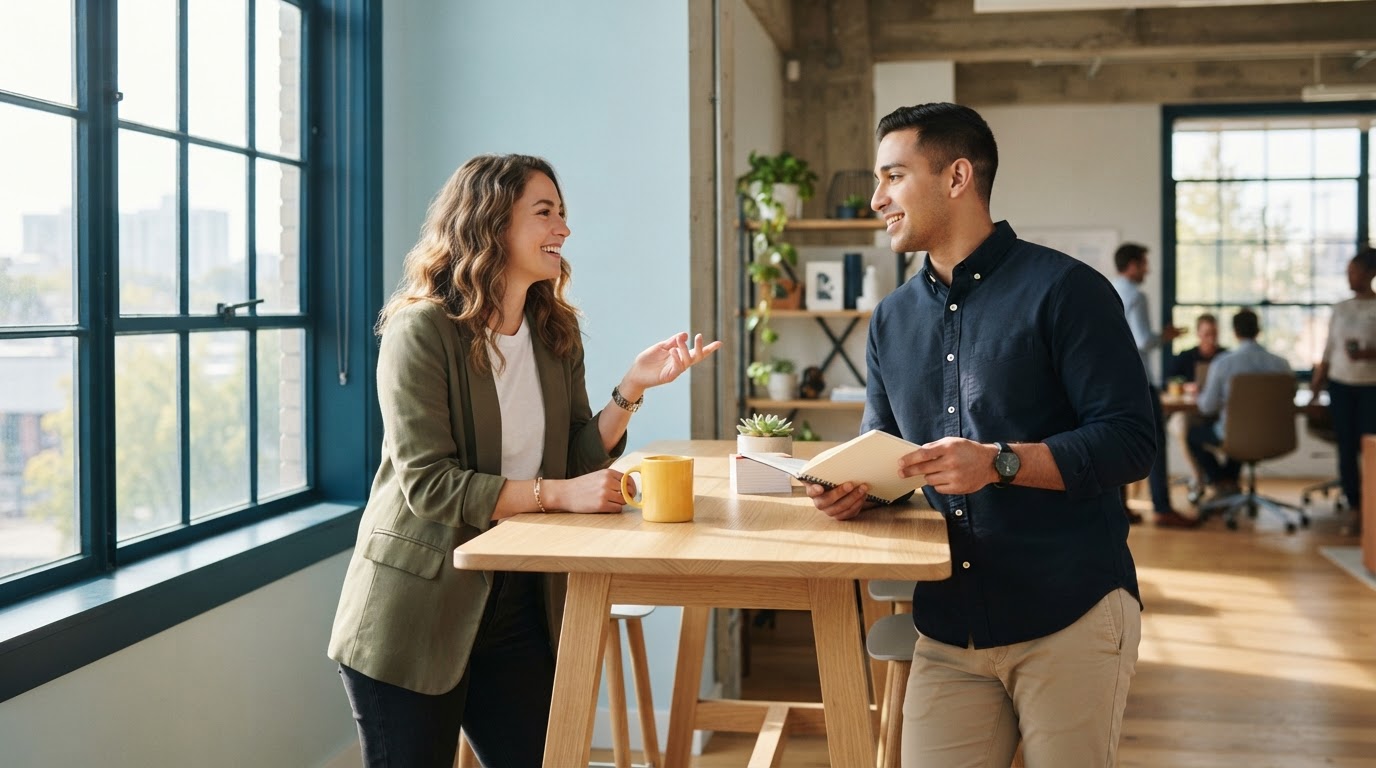 Founder and ops lead having a relaxed conversation in a modern office