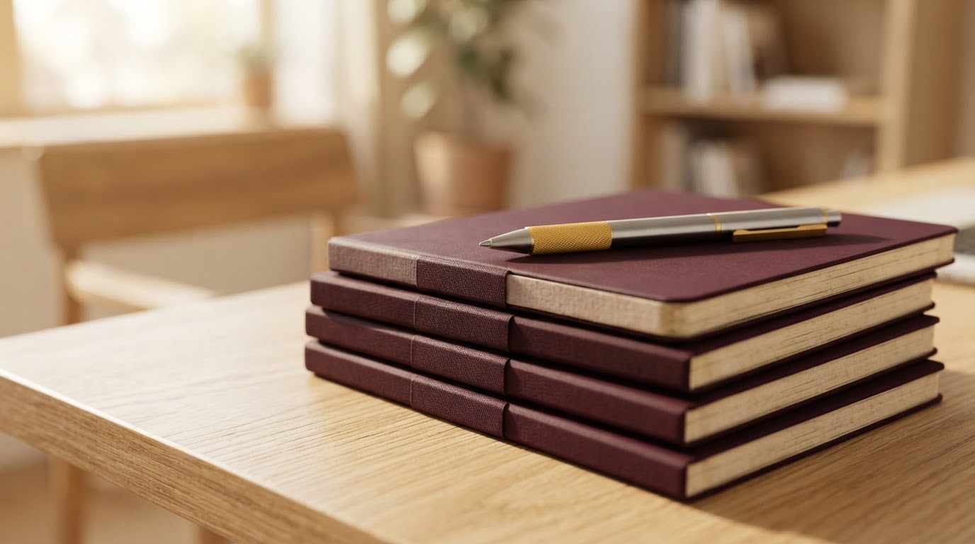 Neatly stacked journals and a pen on a wooden desk surface