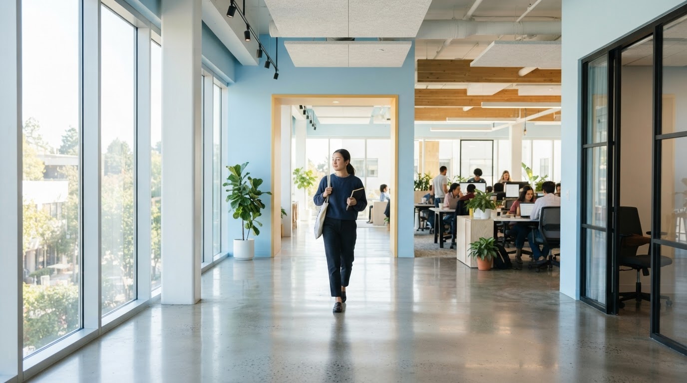 Team member walking through a bright, modern open office space