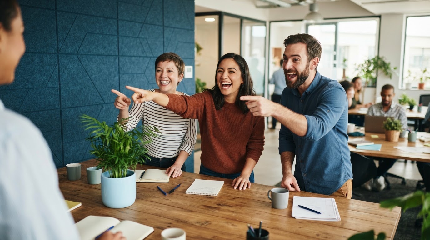Three colleagues laughing together at a wooden table in a bright office