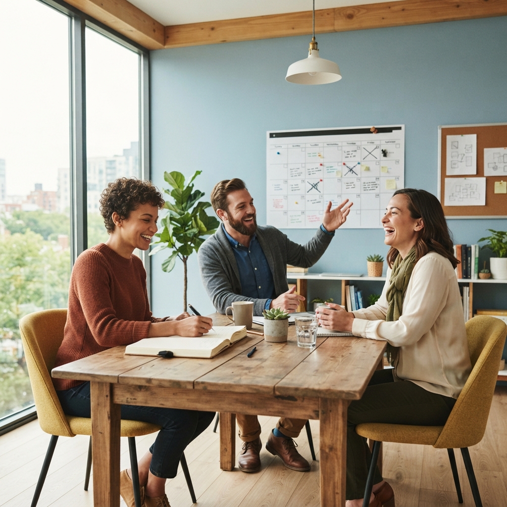 A happy team collaborating in a bright modern office