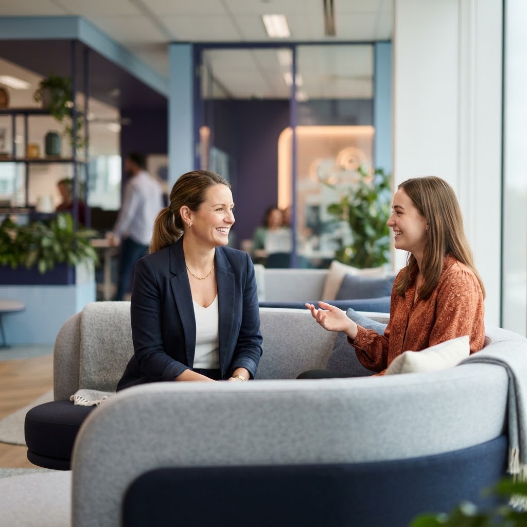 Two colleagues having an informal chat in a relaxed office