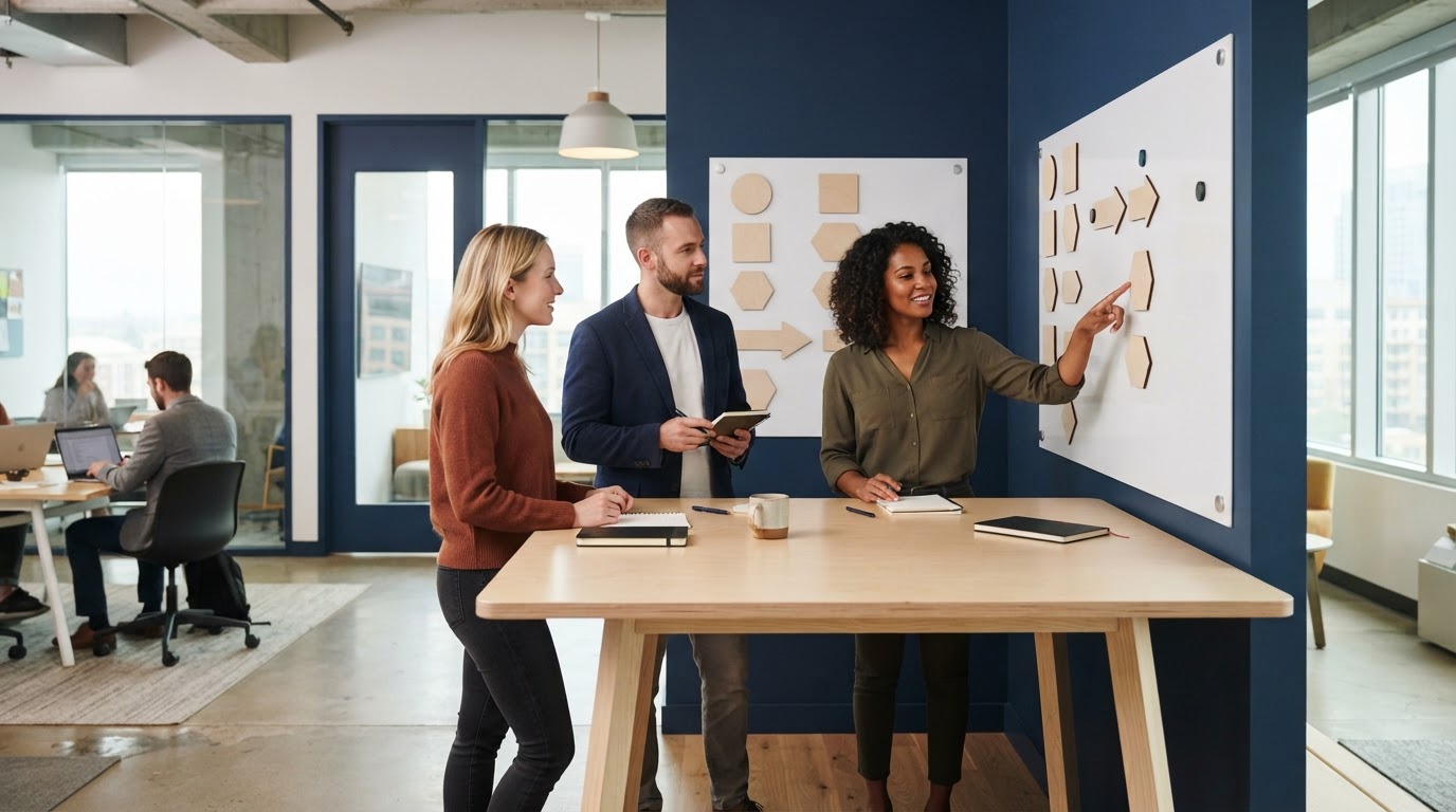 A small team working together in a bright, organized office