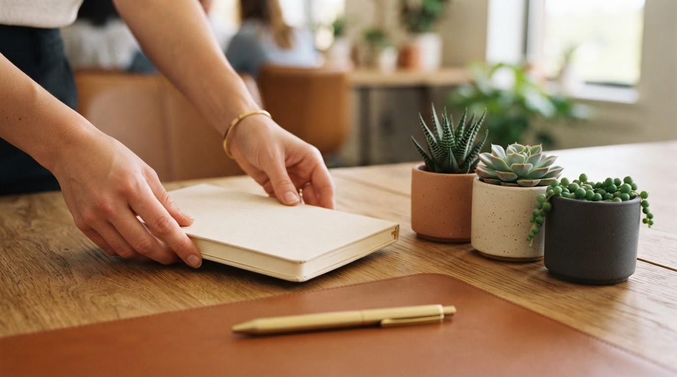 Hands organizing a clean desk with a notebook and plants
