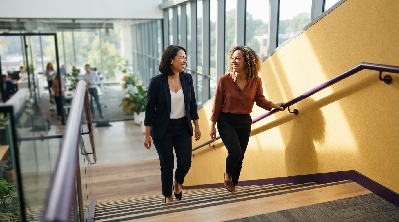 Two colleagues walking up a modern office staircase
