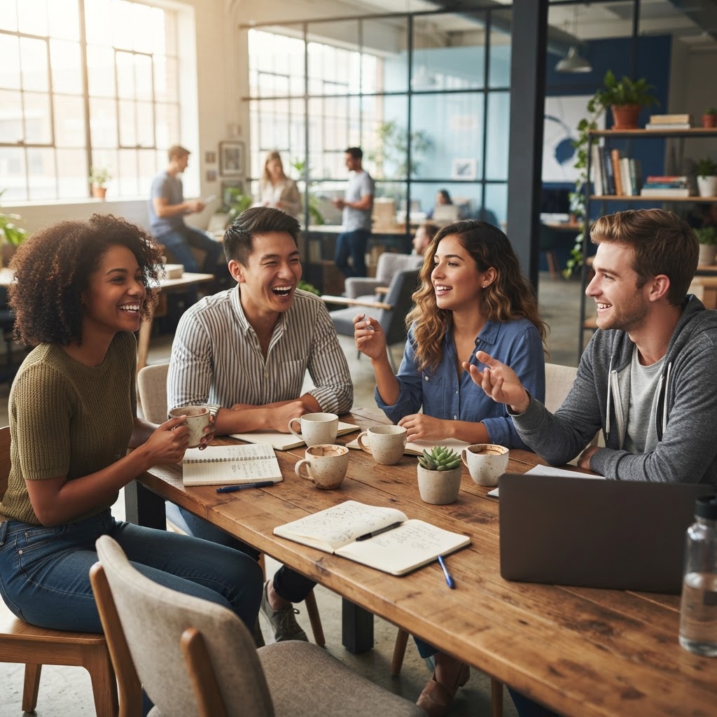 Diverse team laughing and collaborating in a modern office