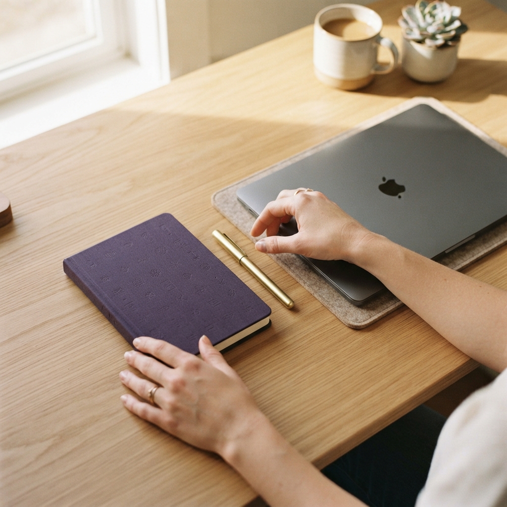 Organized clean desk with stationery and a closed laptop