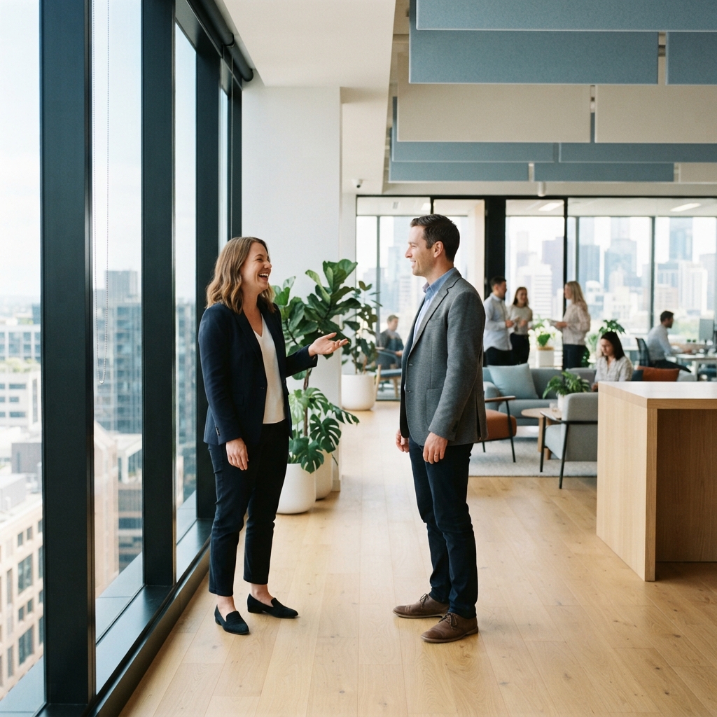 Two colleagues having a friendly conversation in a bright office