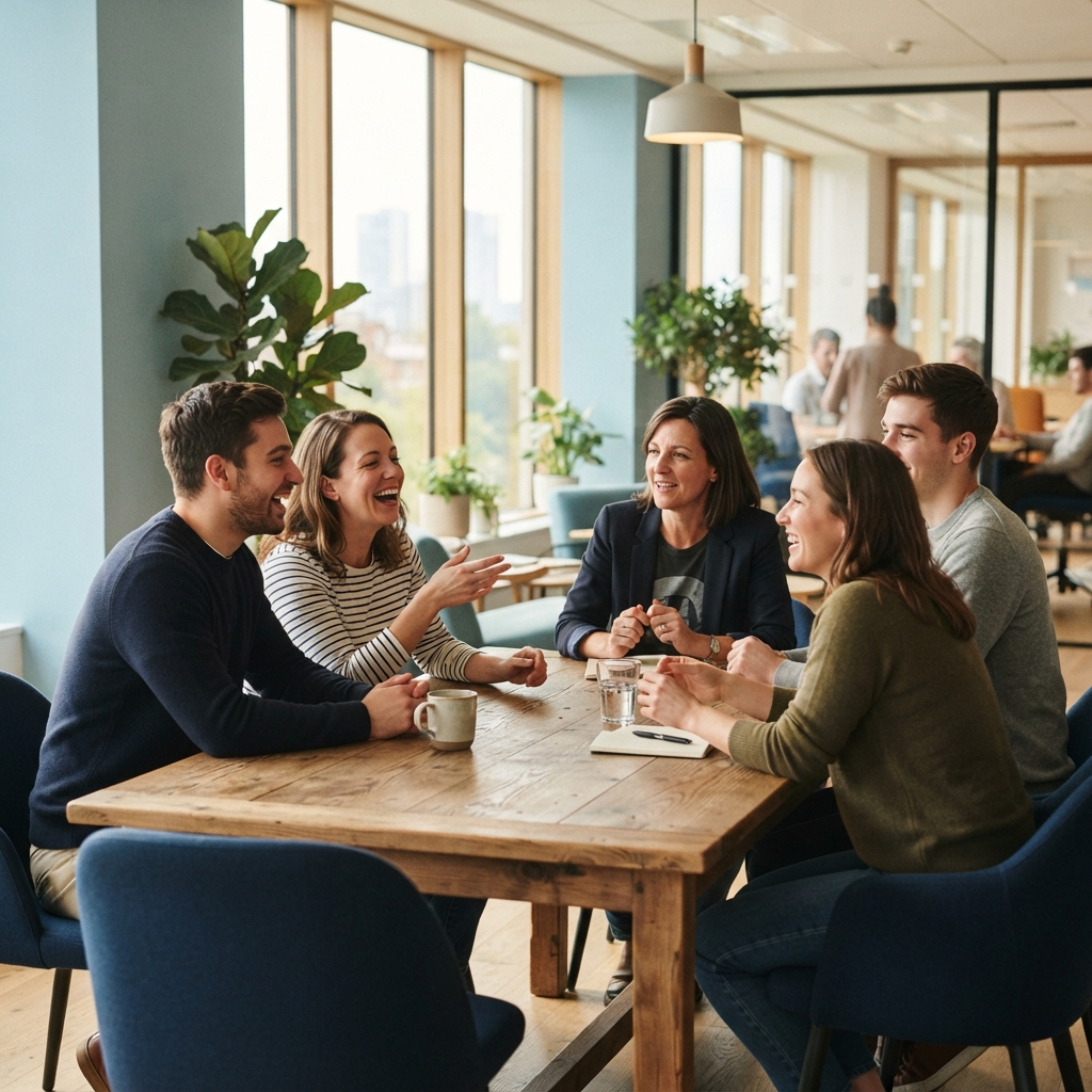 A team of colleagues collaborating in a bright modern office