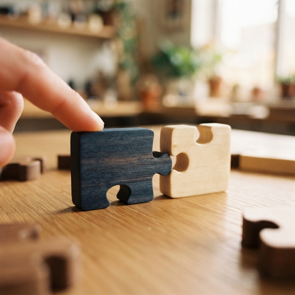 Close up of wooden puzzle pieces coming together