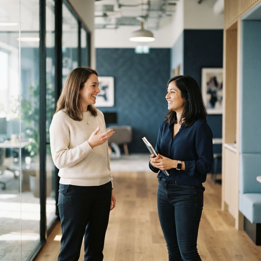 Two coworkers having a friendly conversation in a bright office hallway