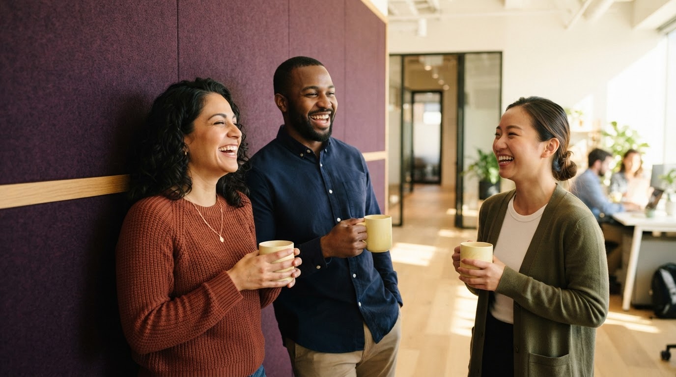 Diverse team laughing and talking in an office
