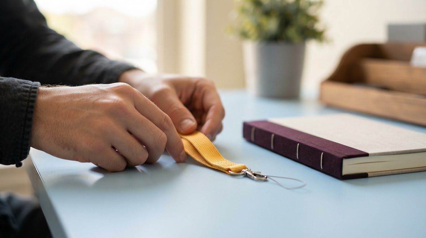 Onboarding items on a clean office desk