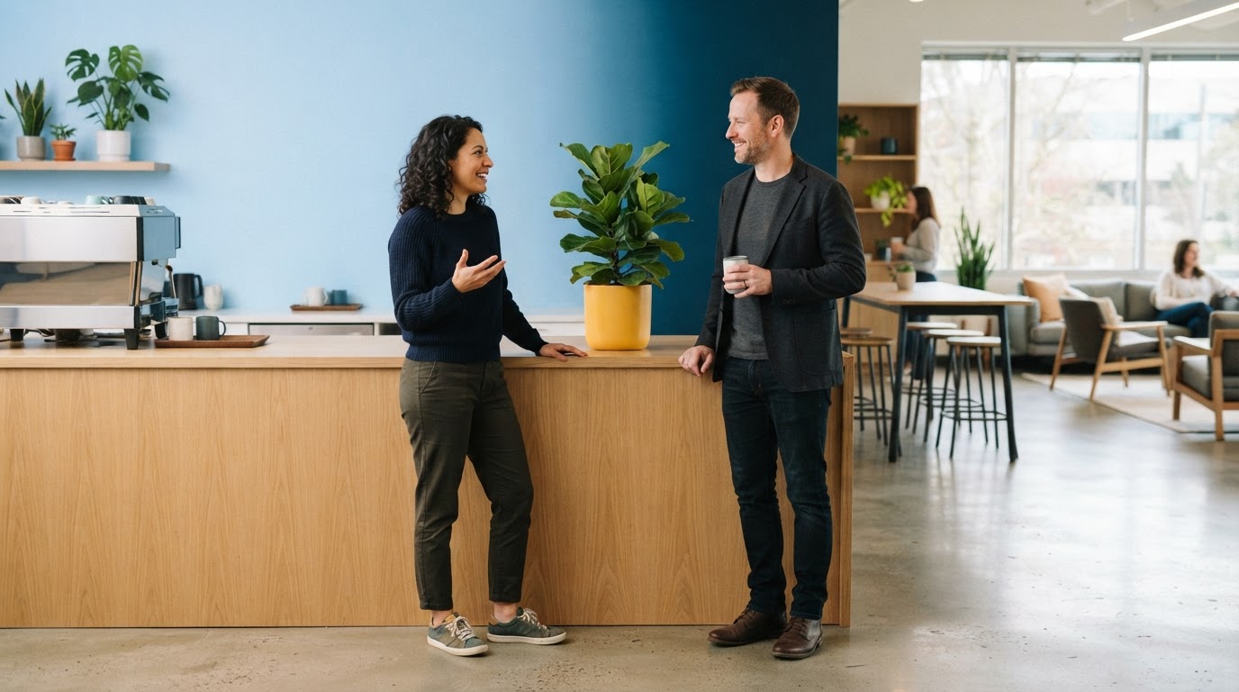 Two colleagues talking in a modern office