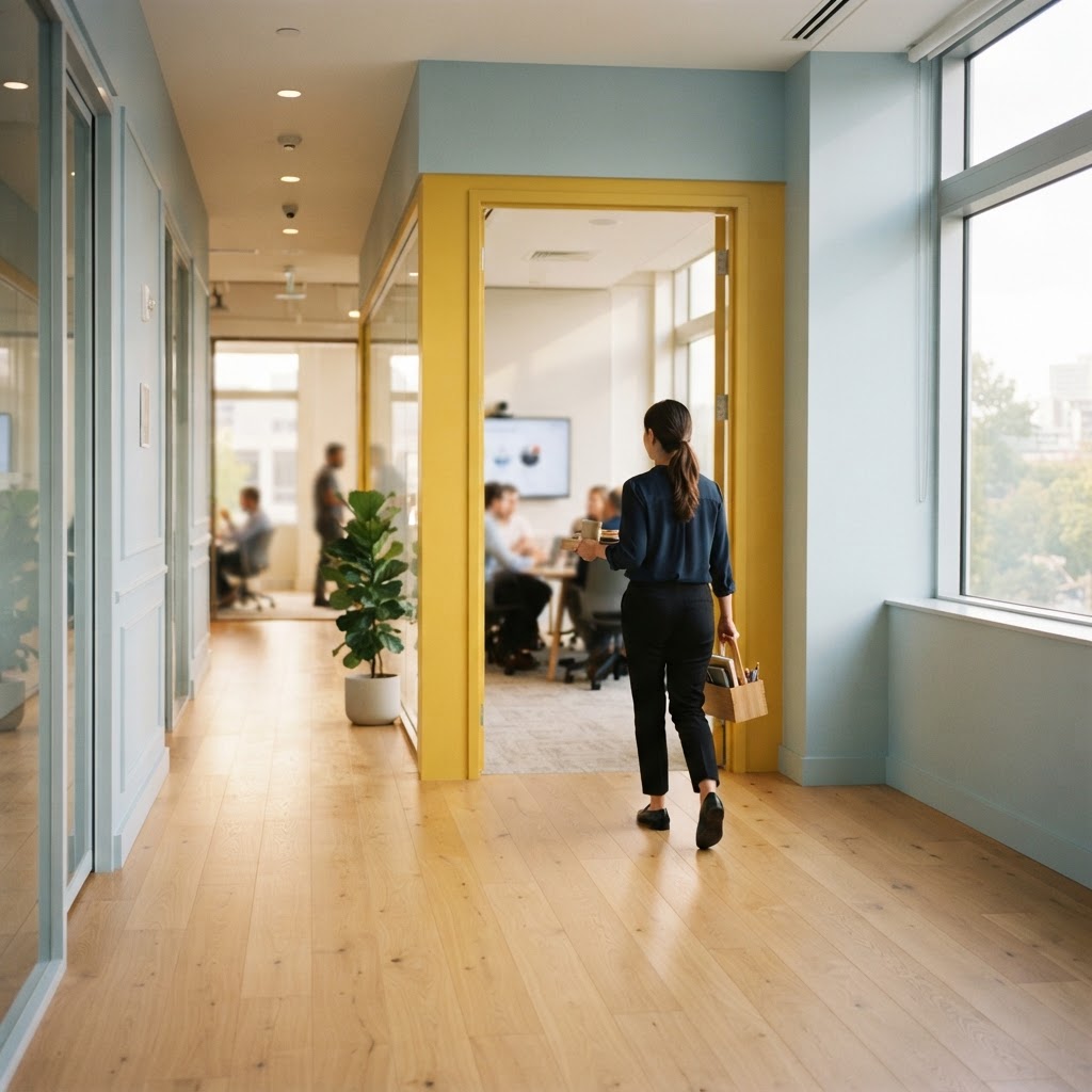 A bright office hallway leading to a workspace