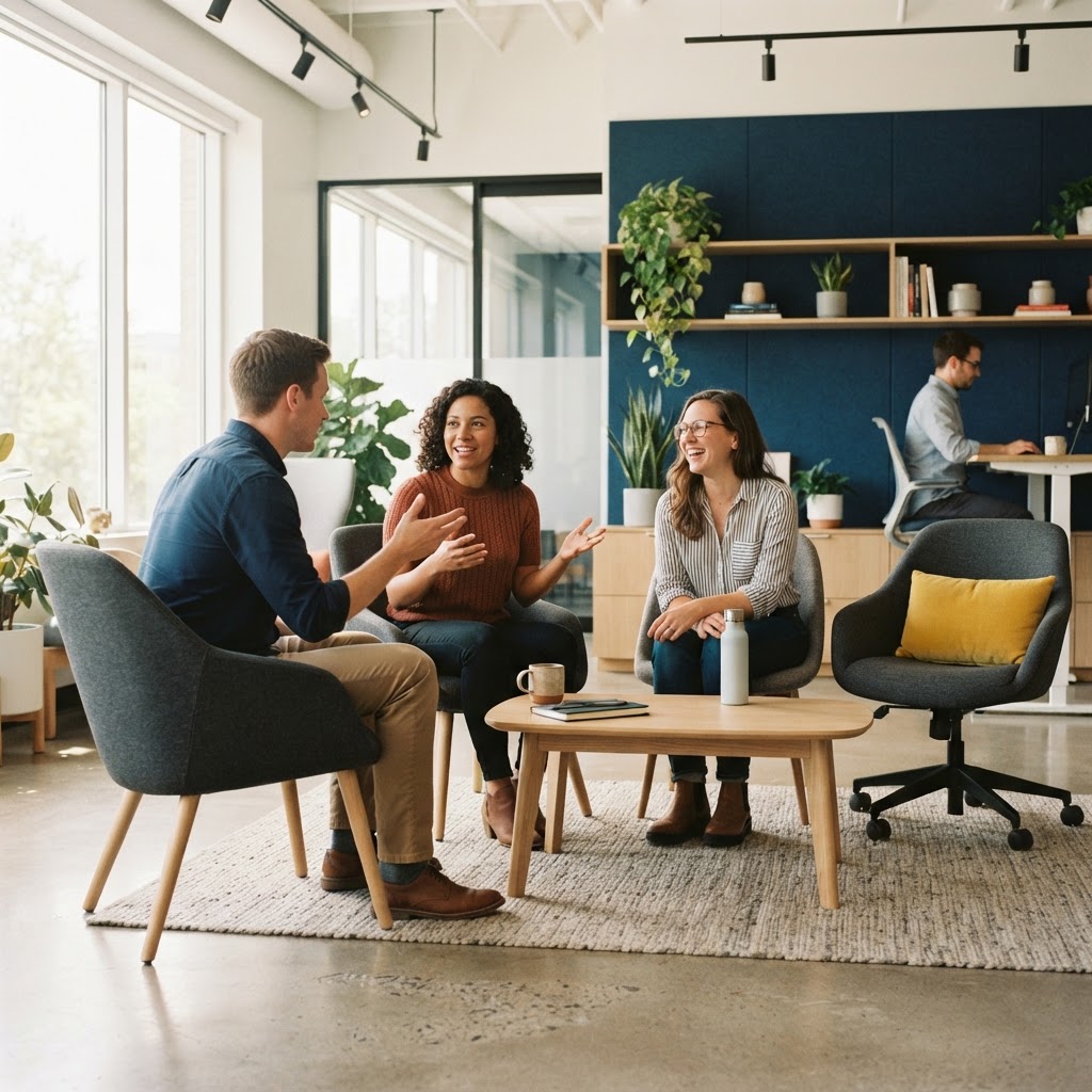 A small diverse team discussing work in a bright workspace