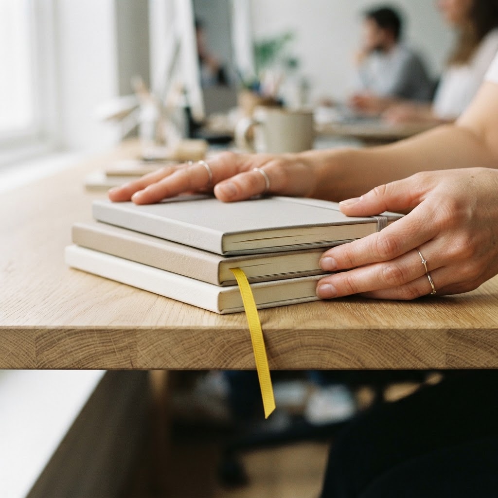 Hands neatly organizing notebooks on a wooden table