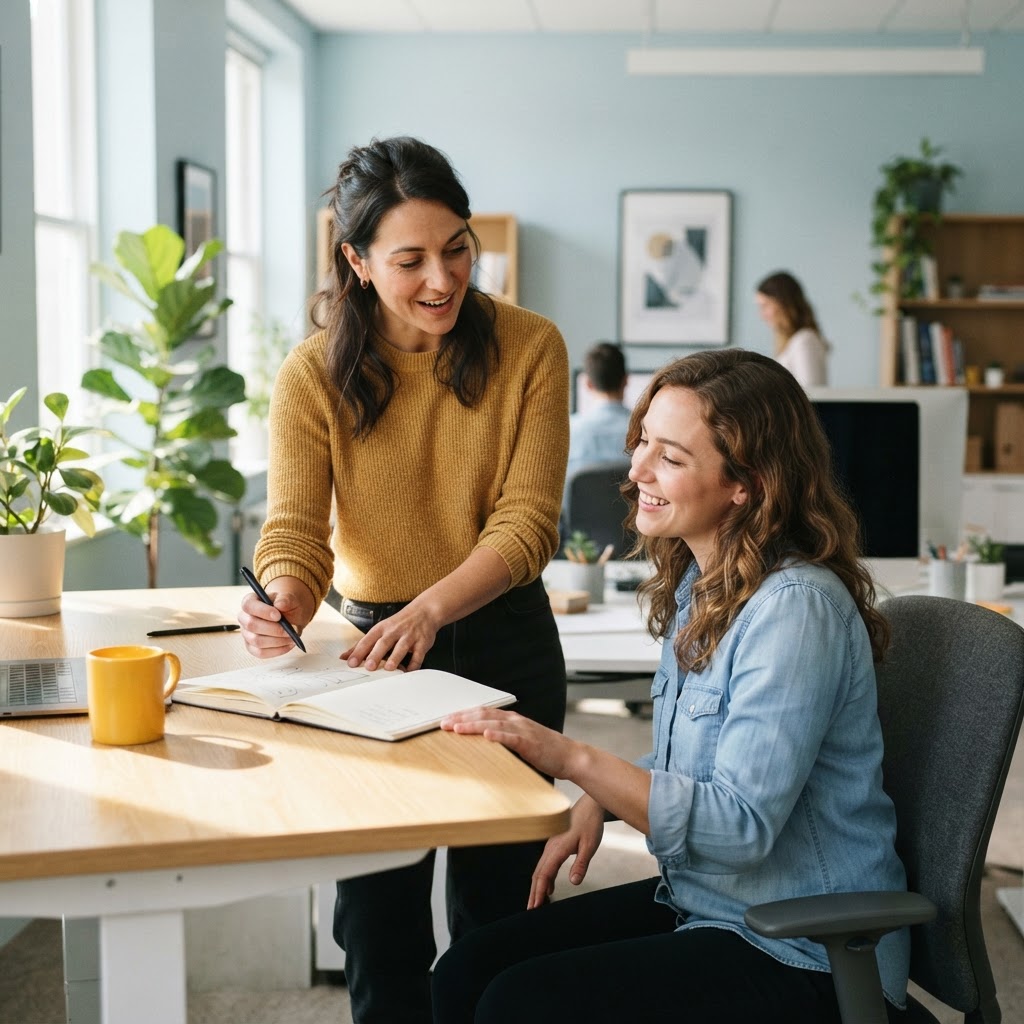 Two colleagues collaborating over notes in a bright office