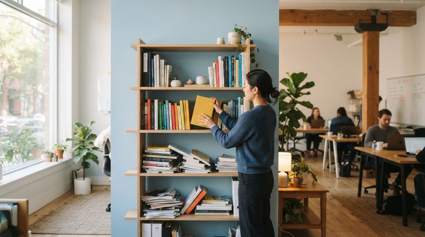 A person organizing books on a shelf to represent orderly succession planning