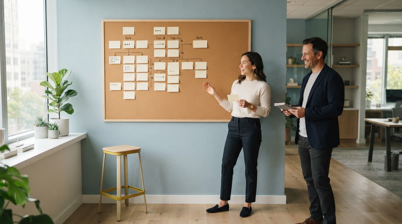Founder and ops lead collaborating on a visual team structure board