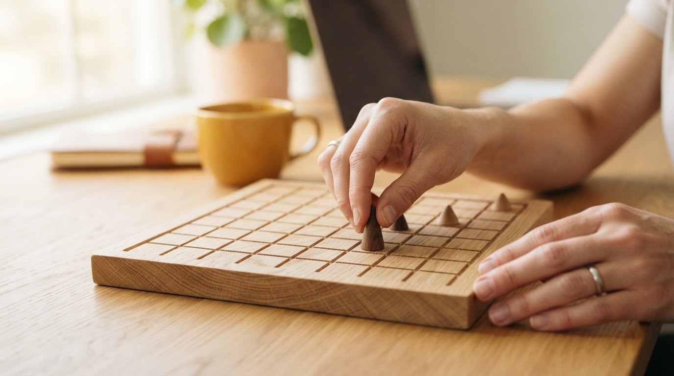 Hands placing a wooden game piece on a board representing role placement