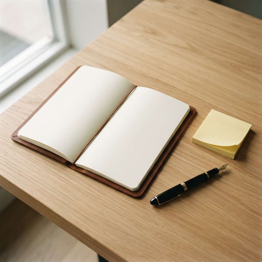 An open notebook and professional stationery on a clean wooden desk surface