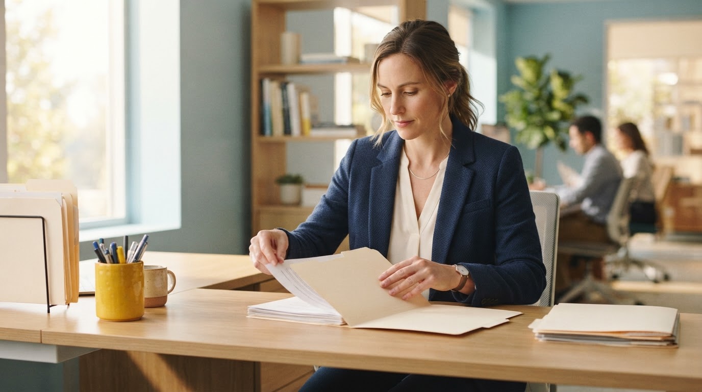 An operations lead carefully organizing documents on a clean wooden desk