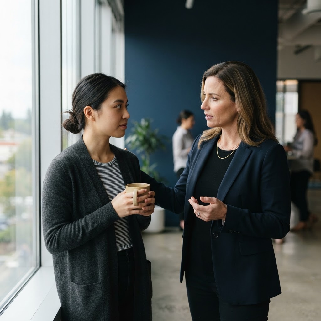 Two colleagues engaged in a supportive and serious conversation in a bright office