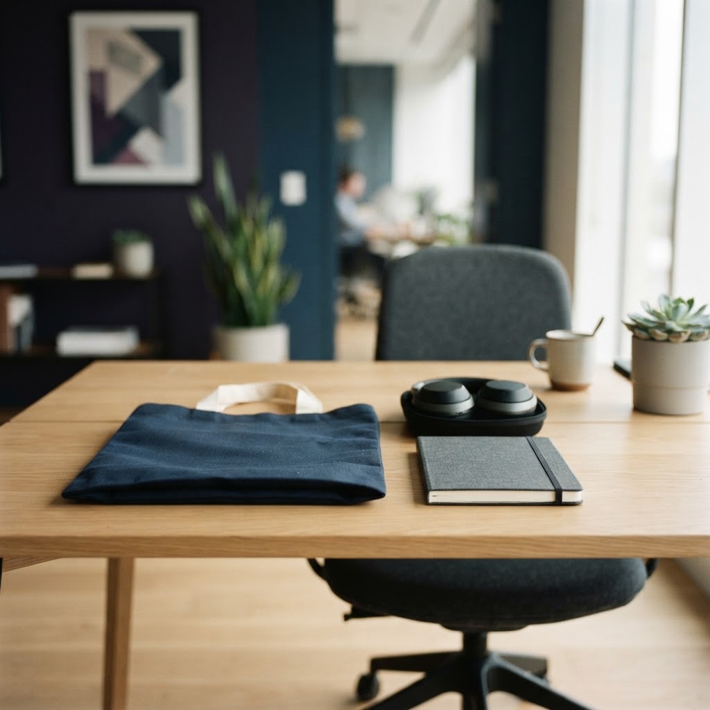 A clean desk with a neatly arranged new hire welcome kit